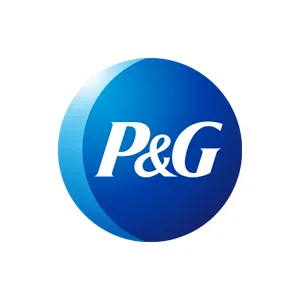 Logo P&G na niebieskim tle, okrągły znak graficzny używany jako element strony