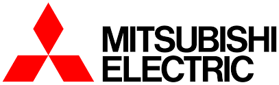 Logo Mitsubishi Electric z czerwonym symbolem i napisem, użyte na stronie usług obróbki CNC